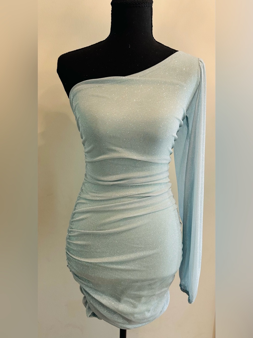 One-Shoulder Glitter Ruched Mini Dress - Picture 2 of 6